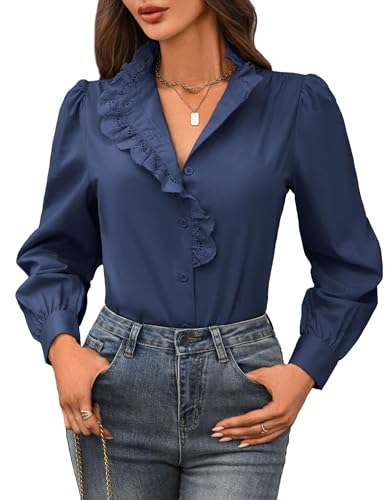 Women's Long Sleeve Shirts - Ruffles Mock Neck Button Down Tops Fall Dressy Elegant Solid Retro Work Casual Blouse