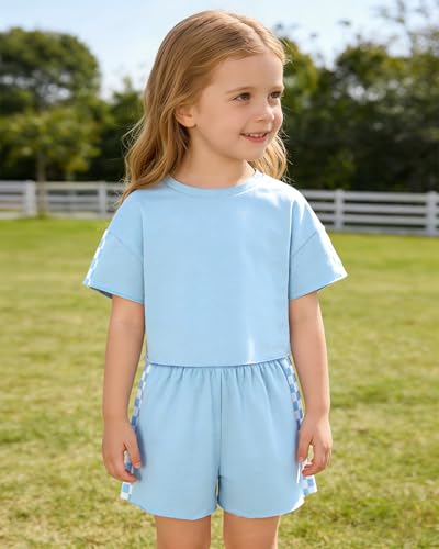 Image of SANMIO Toddler Girl Clothes Summer 3 Piece Outfits Cute | Short Sleeves Checkered Tops Shorts and Headband Girls Clothing Set