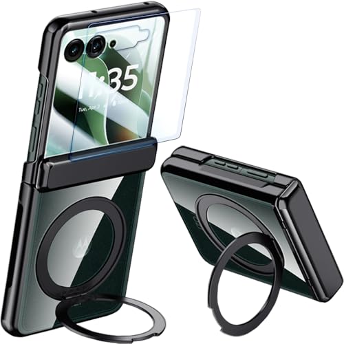 SOUTEM Coque Transparente pour Motorola Razr 60 Ultra avec Anneau Magnétique et Protection D'écran & Protection des Charnières, Chargement sans Fil Plaqué Etui pour...