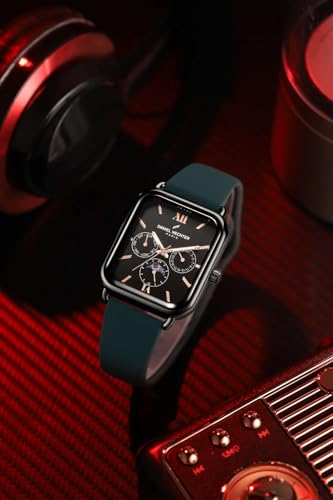 Image of Daniel Hechter Paris Montmartre Unisex Multifunction Square Watch - Black Dial with Day-Date & 24-Hour Subdials, Moonphase Display, Sustainable Silicone Strap