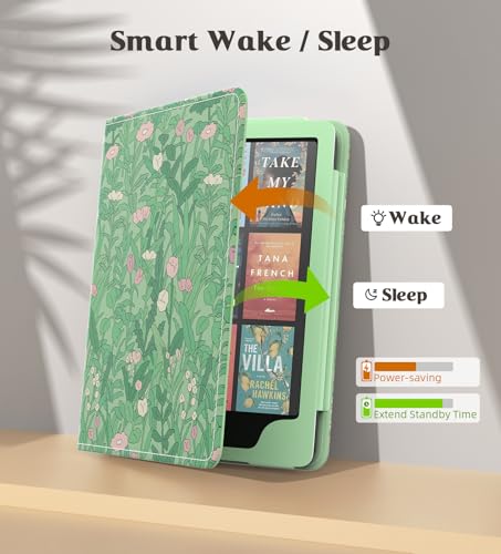 Image of MoKo Case for 7 inch /6.8 inch Kindle Paperwhite(12th /11th Generation-2024 /2021) and Colorsoft Signature Edition,Tolino /boox go 7, Slim PU Shell Cover Case with Auto-Wake /Sleep, Green Flower