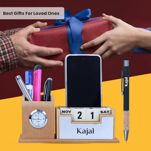 Image of Giftana 2 in 1 Personalized Desk Table Organizer with Pen Gift Set for Doctors, Customized Pen Stand Table Clock & Calendar, Customised New Year Corporate Gift Set for Employee (Beige,Silver)