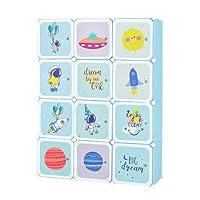 GYMAX Cartoon Clothes Closet, Portable Kids Wardrobe with Hanging Section, Children Storage Unit for Bedroom Nursery (Blue, 12 Cubes Space: 110 x 35 x 144cm)