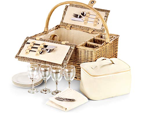 Luxury Fitted Picnic Hamper - Three Bottle Folding Wicker Basket Set with Cooler Compartment, Porcelain Plates, Cutlery, Glasses - Empty Family Picnic Baskets, from Regency Hampers