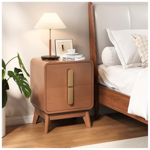 Image of JOINICE Mid Century Modern Night Stand Set of 2 for Bedroom, Cherry | Bed Side Table with Storage for Living Room, Bedroom, Veneer Finish, 2 Large Drawers with Golden Handles, Accent Piece