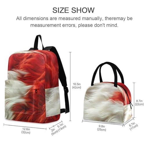 Red White Fur Print Backpack Set with Lunch Bag, Large Capacity Travel Backpacks and Lunch Box Insulated for Commute Hiking Picnic2