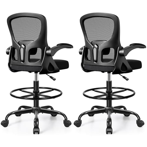 Image of 2-Pack Drafting Chair Tall Office Chair for Standing Desk - Ergonomic Computer Work Stool with Flip-up Arms, Foot Ring & Adjustable Lumbar Support. Ideal for Studio, Artist,Study (Black)