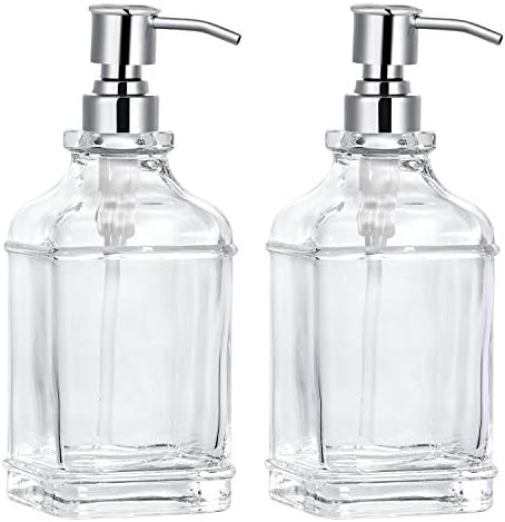 2-Pack 18 OZ Soap Dispenser, Thick Clear Glass with 304 Silver Stainless Steel Pump, Refillable Rustproof Hand Soap Dispenser with 8 Pcs Clear Stickers, for Kitchen & Bathroom (Silver)