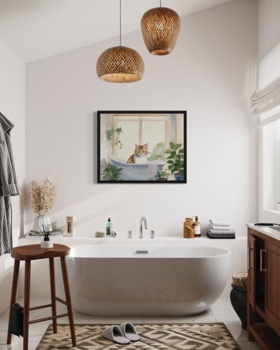 Image of Cat Black Framed Wall Art Poster Print, Animal Bathtub Restroom Wall Art Painting for Bathroom Decor Gallery Gallery 30 (Cat, 14 inch L x 11 inch W, Black Frame)