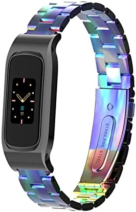Gheper Metal Watchband Compatible with Fitbit Luxe/Luxe SE Stainless Steel Protective Bezel Frame Case Design Wrist Strap Bracelet Replacement for Luxe/Luxe SE Smartwatch Accessory(Rainbow)