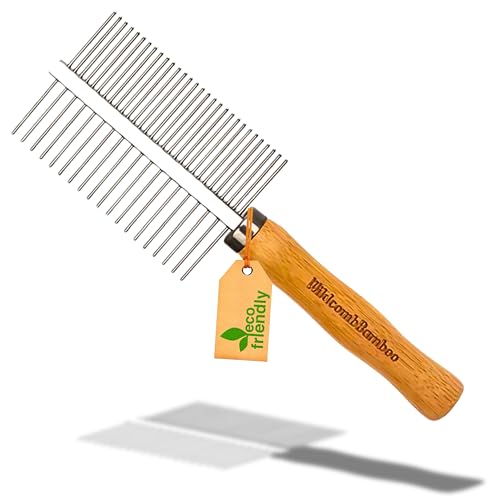 Pettine Doppio Toelettatura per Cani e Gatti Bambù e Acciaio Inossidabile per Districare e Prevenire Caduta dei Capelli | Spazzola Animali Domestici Eco Antistrappo Senza Plastiche (17x5cm)