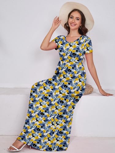Image of DEARCASE Maxi Dress for Women Short Sleeve Casual Summer Loose Plain Comfy Long Dresses with Pockets