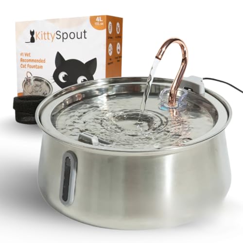 KittySpout Stainless Steel Cat Water Fountain Automatic Drinking Fountain, Quiet Circulating Water Bowl, Dishwasher Safe, Indoor Pet Fountain for Hydrated Healthy Cats (Stainless Steel, 4L Corded)