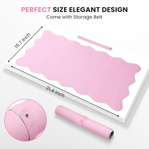 Image of PU Leather Desk Pad, Scalloped Non-Slip Mouse Pad & Large Desk Mat Cover Stitched Edges Writing Pad for Office, Home - Waterproof, Easy to Clean, Durable Surface I 31.4 inchx15.7 inch, Pink
