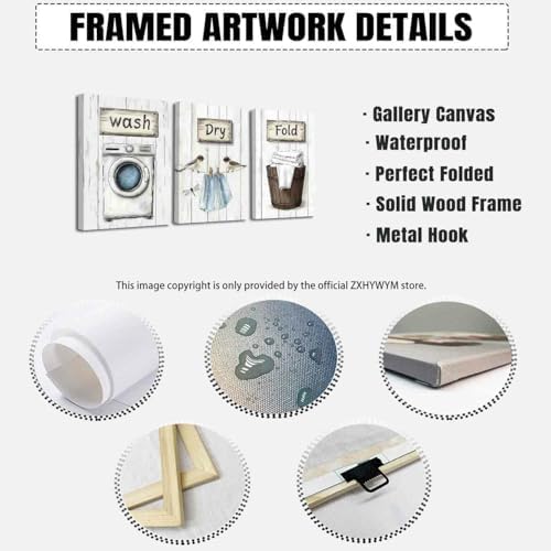 ZXHYWYM 3Pcs Laundry Room Canvas Wall Art Rustic Farmhouse Laundry Sign Picture Prints Wash Dry Fold Art Poster Vintage Country Paintings Gray White Bathroom Decor (30x40cmx3 Pieces) - 5
