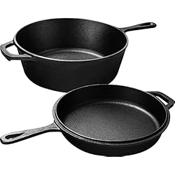 Cacerola Hierro Colado KICHLY Dutch Oven - Olla de fuego doble function - Sartén de hierro fundido para cocina y acampada, exterior e interior - 3L/3.2 Quart Kochset (2 en 1)