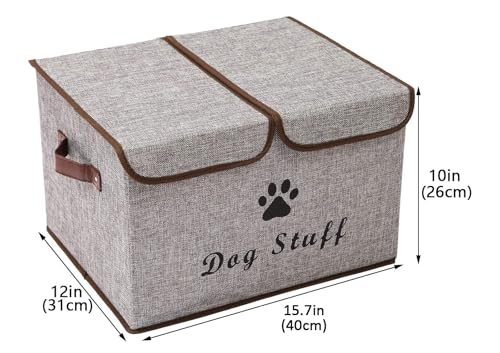 Pethiy Große Leinenstoff Aufbewahrungsbox mit deckel für Hunde Zubehör-Faltbare Doppelgitter Aufbewahrungskorb mit Griffen,für hundespielzeug Hundebekleidung-43 x 31 x 26 cm (Grau)