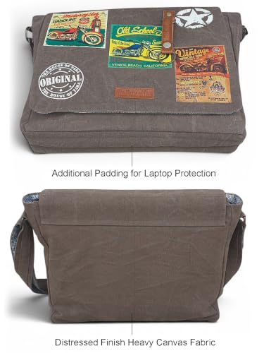 Image of The House of tara Distressed Cotton Canvas Messenger Bag for Men and Women | Printed Crossbody Sling Bag With Laptop Compartment (Upto 15.6 Inch), Broad Adjustable Straps (Acorn Brown)