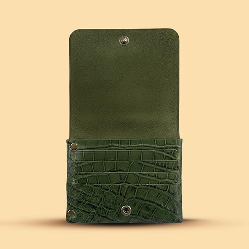 Image of STRUTT Croc Textured Genuine Leather Batua Wallet for Men & Women | Handcrafted Green Leather Cash & Card Holder | Snap Button Closure | Compact Ethnic Money Pouch
