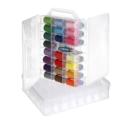 Image of BTSKY 2 Pack Double-Sided Sewing Threads Organizer, 46-Grid Thread Holder, Clear Plastic Sewing Box Functional Thread Spool Organizer for Embroidery, Craft, Needle and More