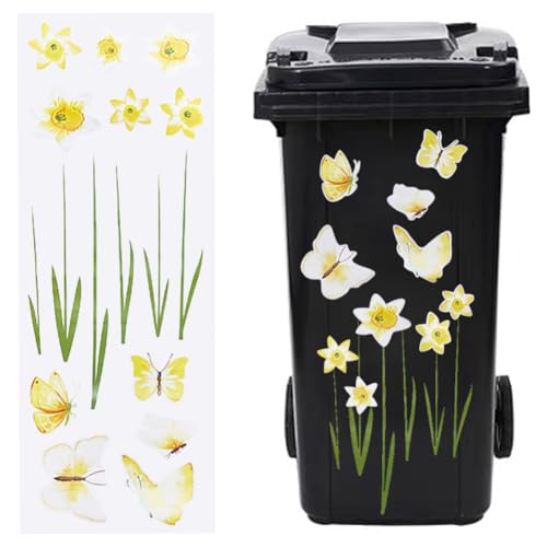 GORGECRAFT Wheelie Flower Stickers Waterproof Trash Stickers for Trash Cans Decorative Plant Butterfly Decals Self Adhesive Floral Outdoor Trash Can Sticker for Refrigerator Window Wall Door Yellow