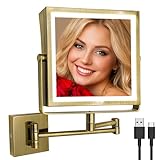 Ruacq Rechargeable Wall Mounted Makeup Mirror with Lights, Double Sided 1X/10X Magnifying Vanity Mirror with 3 Color Lights, Touch Screen Dimmable, 360° Rotation Extension Foldable Arm(Antique Brass)