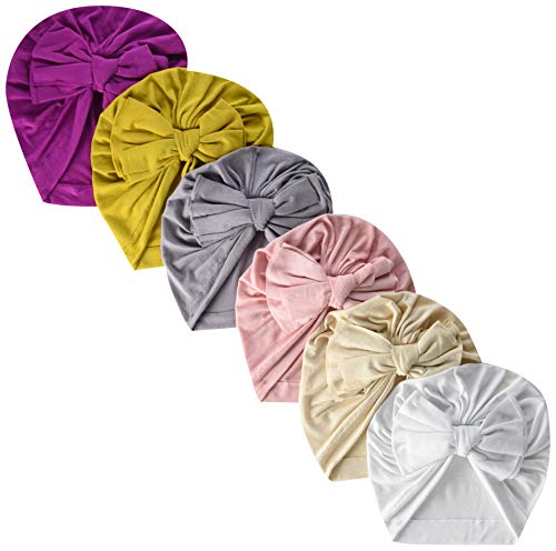 Image of Bestjybt 6 Pcs Baby Turban Knot Hats Infant Toddler Hospital Hat Cotton Head Wrap (Big Bow) Multicolor