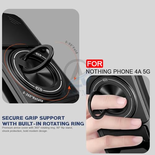 Image of AESTMO Nothing Phone 4A 5G Back Cover | Armor Camera Slider 360 Degree Rotating Finger Ring Holder Case with Bracket Stand & Camera Protection Back Case Cover for Nothing Phone 4A 5G (Black)