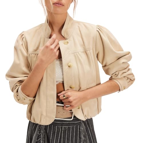 Fall Faux Suede Jackets for Women Long Sleeve Banded Collar Bubble Hem Button Down Cropped Coat with Side Pockets