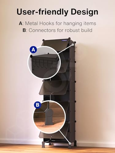 Image of BOXJOY 10 Shelf Shoe Rack with 5 Doors, 5 Hook Steel Holder & Wooden Hammer for Home Storage PP Plastic Organizer with Metal Door Frame to Cover Chappal Slipper Sandals Shoes Box Stand (Black)