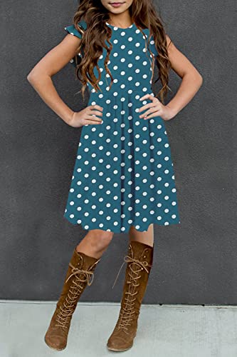 Hosika Girls Polka Dot Dress Casual Polka Dot Ruffle Sleeve Flowy Swing Summer Midi Dress Teal Size 10-12 #TOP1