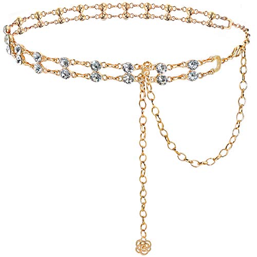 BAOKELAN Chaîne Ceintures Cristal Double Couche Taille Chaîne Ceinture Cadeaux pour Femmes Filles Or 120 Cm Cover