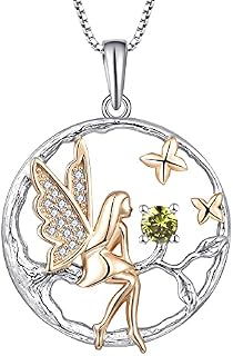 FJ Guardian Angel Pendant Necklace 925 Sterling Silver Tree of Life Necklace Butterfly Fairy Necklace with Birthstone Cubic Zirconia Jewellery Gifts for Women Girls