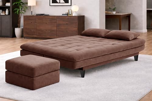 Image of Rosebell Modern Three-Seater Sofa Cum Bed - Foldable Velevt Fabric Sofa, Foam Seating, Stylish Design for Living Room, Guest Room & Office-Brown