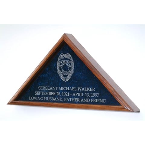 All American Gifts Flag Display Case w/Police Officer Badge - for 5x9.5 Funeral Burial Coffin Flag - Includes 3 Lines of Text Personalization! - Solid Walnut Wood Cover