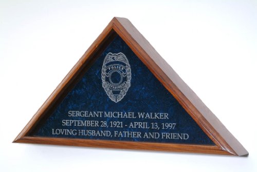 All American Gifts Flag Display Case w/Police Officer Badge - for 5x9.5 Funeral Burial Coffin Flag - Includes 3 Lines of Text Personalization! - Solid Walnut Wood