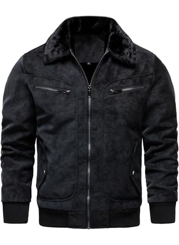 HOOD CREW Herren Kunstpelz Bomberjacke Fleece Gefütterte Winterjacke Vintage Kunstleder Jacke Mit Pelzkragen Schwarz M HOOD CREW Herren Kunstpelz Bomberjacke Fleece Gefütterte Winterjacke Vintage Kunstleder Jacke Mit Pelzkragen Schwarz M