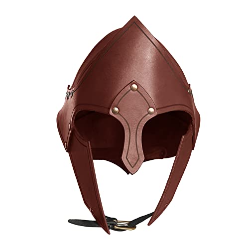 QFCFRQ Deluxe Medieval Warrior Helmet Viking Armor Helmet Adjustable PU Leather Helmets for LARP Halloween Party Medieval Helmet Brown