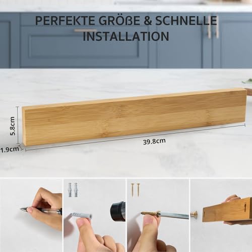Barra Magnetica per Coltelli - Porta Coltelli Magnetico in Bambù con Magnete Extra Forte 40 X 6 X 2 cm, Muro Appendi Barre Magnetiche per Coltelli y Utensili, Calamita per Coltelli da Cucina - immagine 5