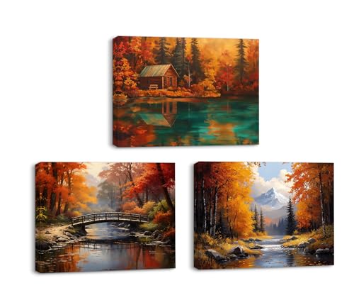 Piy Painting Paisaje Otoñal Pintura En Lienzo, Arte Mural En Lienzo Village, Pintura Mural Árbol De Arce, Impresiones Sobre Lienzo Para Salón Despacho Entrada Cafetería, Set De 3, 30x40cm (90x40cm)