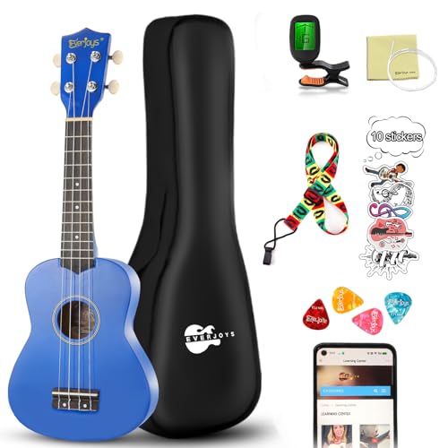Image of Everjoys Soprano Ukulele Beginner Kit 21 Inch w /Free Online Lesson Gig Bag Tuner Picks Strap, Fast to Learn (Shinny Blue）