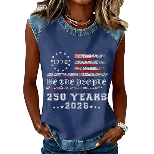HHOSGPP USA 250th Anniversary Shirt | Women's 250 Years of Freedom Distressed Denim Trim America Flag Patriotic Sleeveless Blouse 1776-2026 Graphic Tee Shirt(16-Navy,XXL)