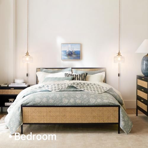 Image of Shenmoyl Plug in Pendant Light Hanging Light Fixtures with Plugin Cord On /Off Switch,Clear Striped Glass Lampshade Brass Pendant Light