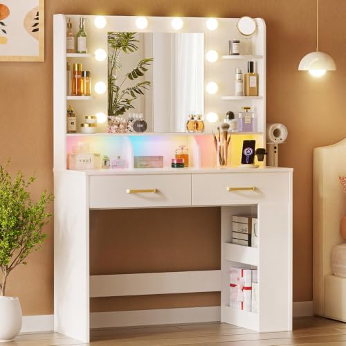Image of COMHOMA Vanity Desk with Mirror and Light, Small Makeup Vanity with Storage Drawers & Power Outlet, 3 Lighting Modes & Adjustable Brightness, Dressing Table for Women Girls Bedroom, White