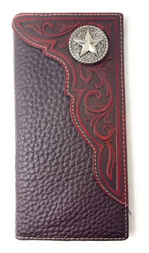 Texas West Western Tooled Genuine Leather Star Men's Long Bifold Wallet (Coffee)
