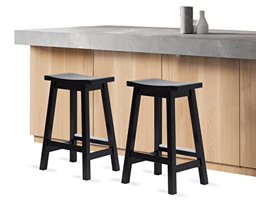 Butacos de barra negros para isla de cocina, juego de 2 butacos de altura de mostrador, asiento de madera tipo silla de montar con reposapiés, ideal para barra desayunadora, isla de cocina o sala de fiestas
