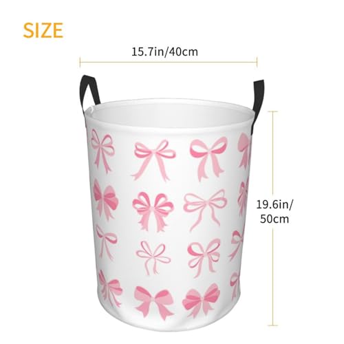 Image of Laundry Basket Room Decor,Round Laundry Hamper Waterproof Dirty Clothes Hamper Collapsible Laundry Baskets With Handles,Toy /Clothes Storage Basket For Home Dorm Bathroom Decor (Pink Bow)