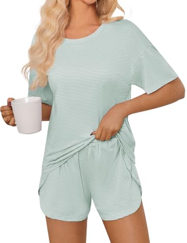 Image of JUSTFASHIONNOW Womens Pajama Sets Shorts Striped Print Two Piece Lounge Sets Crew Neck Sleepwear Split Shorts Set Soft Pjs