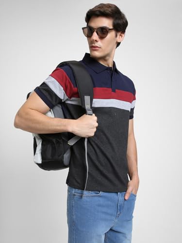 Image of Dennis Lingo Men's Cotton Stripes Regular Fit Mandarin Collar Short Sleeve Polo Tshirt