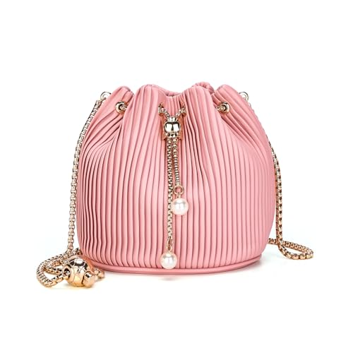 BCBG Generation Bucket Bags for Women Soft PU Leather Clutch with Drawstring Closure Chain Strap Y2K Vertical Stripe Shoulder Bags Crossbag Designer Purse for Evening Wedding Party (Ligth Pink)